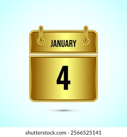 January 4 calendar and time planner on gold background. Daily calendar icon, schedule symbol