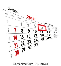 January 4, highlighted on 2018 calendar. Week starts from Sunday. Vector Illustration.