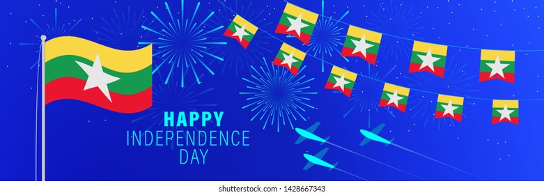 January 4 Myanmar Independence Day greeting card. Celebration background with fireworks, flags, flagpole and text.