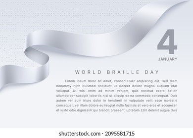 Antecedentes del Día Mundial de Braille el 4 de enero. Cinta luminosa en un fondo claro con un patrón de alfabeto braille. Cartel con lugar para el texto