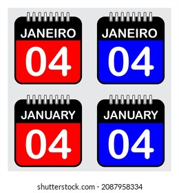 January 4th, Vector Calendar, On Colored Background.