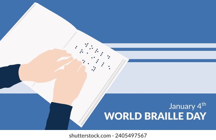 Afiche del 4 de enero, Día Mundial de Braille. Ilustración de la lectura a mano de un libro en Braille.