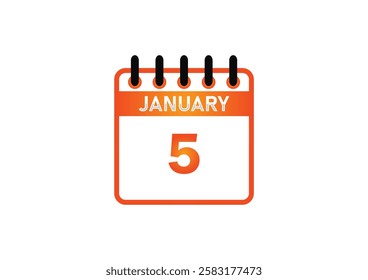 January 5, Calendar icon and Time planner Daily Calendar reminder. Vector illustration. Date day of month Sunday, Monday, Tuesday, Wednesday, Thursday, Friday, Saturday. Holidays in January.