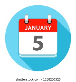 January 5 Date on a Single Day Calendar in Flat Style with long flat shadow on a blue background