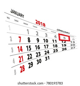 January 5, highlighted on 2018 calendar. Week starts from Sunday. Vector Illustration.