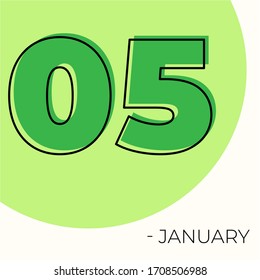 January 5th Modern calendar isolated on white background. Vector illustration. Green colors 