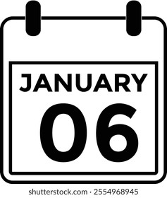 January 6 Calendar Day or Calender Date for Deadlines or Appointmen Calendar vector icon. Deadline. Date
