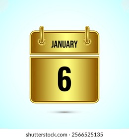 January 6 calendar and time planner on gold background. Daily calendar icon, schedule symbol