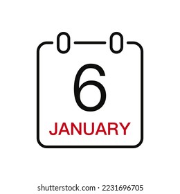 January  6 date on the calendar, vector line stroke icon for user interface. Calendar with date, vector illustration.