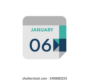 January 6 flat daily calendar date, 6 January Single Day Calendar  Icon