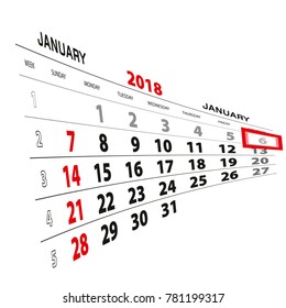 January 6, highlighted on 2018 calendar. Week starts from Sunday. Vector Illustration.