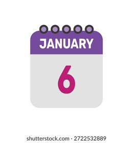 6 de janeiro ícone vetor começa com página de calendário colorida