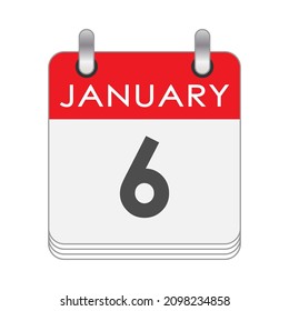 January 6. A leaf of the flip calendar with the date of January 6. Flat style.