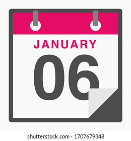 Calendario de iconos plano del 6 de enero aislado en fondo blanco. Ilustración del vector