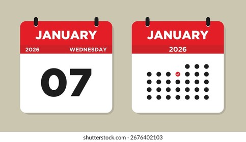 January 7 2026 Calendar Vector Illustration. 7 january calendar page. event reminder illustration. Day calendar with date January 7. Week Starts on Sunday. Checklist day calendar.