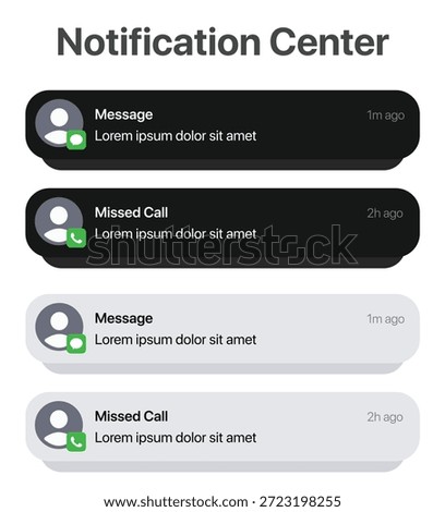 January 7, 2026: Notification center interface displaying message and missed call alerts in dark and light UI card styles, illustrating mobile alert and communication design.