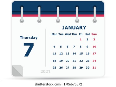 January 7 - Calendar Icon - 2021 - Week starts monday. Calendar design template. 