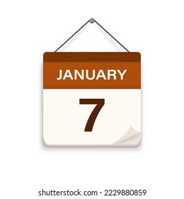 7 de enero, icono del calendario con sombra. Día, mes. Hora de cita de la reunión. Fecha de programación del evento. Ilustración vectorial plana. 
