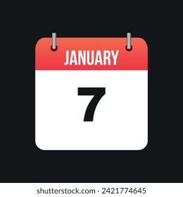 January 7, Red and White Color Calendar Page with Black Outline