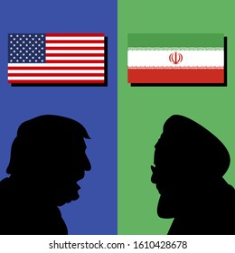 JANUARY 8, 2020 - An Illustration Showing The Flags Of The United States And Iran And The Silhouette Of US President Donald Trump With Sayyid Ali Hosseini Khamenei.