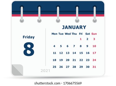 January 8 - Calendar Icon - 2021 - Week starts monday. Calendar design template. 