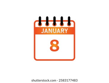 January 8, Calendar icon and Time planner Daily Calendar reminder. Vector illustration. Date day of month Sunday, Monday, Tuesday, Wednesday, Thursday, Friday, Saturday. Holidays in January.