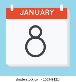 January 8. Calendar icon. Vector illustration in flat design isolated in blue background. Date and time, day, month.
