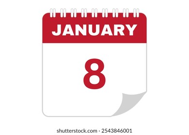 January - 8 Calendar Icon. Calendar Icon with white background. Flat style. Date, day and month.