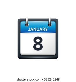 January 8. Calendar icon.Vector illustration,flat style.Month and date.Sunday,Monday,Tuesday,Wednesday,Thursday,Friday,Saturday.Week,weekend,red letter day. 2017,2018 year.Holidays.