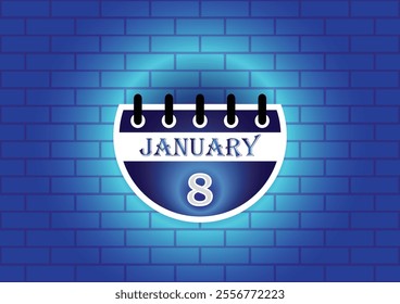 January 8 calendar sign on blue neon brick wall background. Flat design style. Date, day and month. Vector illustration.