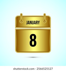 January 8 calendar and time planner on gold background. Daily calendar icon, schedule symbol