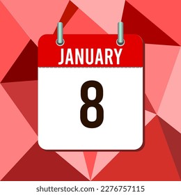 January 8, calendar vector illustration, isoleted on colorful monochromatic triangles background.