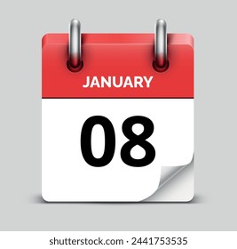 January 8 daily realistic red calendar icon date vector image
