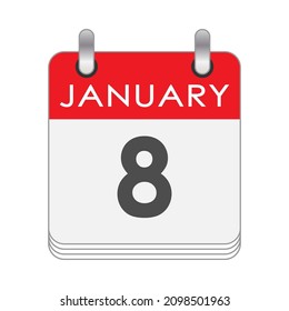 8 de enero. Una hoja del calendario inverso con la fecha del 8 de enero. Estilo plano.
