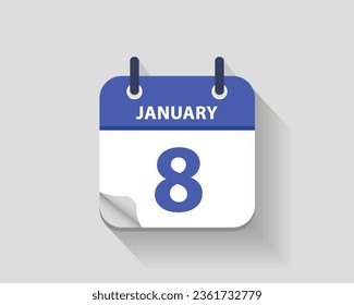 8 de enero. Icono de calendario diario plano vectorial. Fecha y hora, día, mes. Año. Ilustración del vector