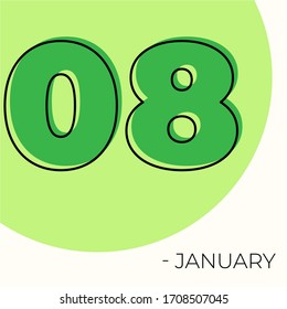 January 8th Modern calendar isolated on white background. Vector illustration. Green colors 