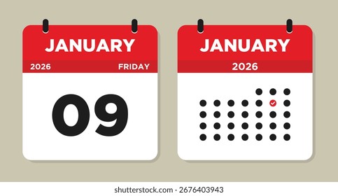 9 de janeiro de 2026 Calendar Vetor Illustration. 9 de janeiro página do calendário. ilustração de lembrete do evento. Calendário de dias com data de 9 de janeiro. A semana começa no domingo. Calendário de dias da lista de verificação.