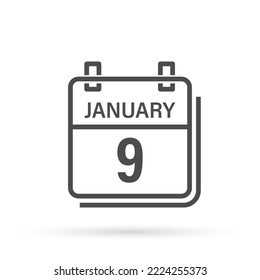 January 9, Calendar icon with shadow. Day, month. Flat vector illustration.