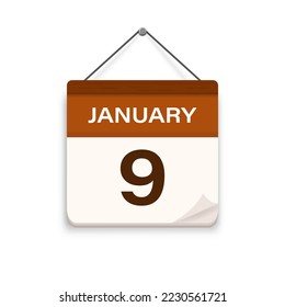 January 9, Calendar icon with shadow. Day, month. Meeting appointment time. Event schedule date. Flat vector illustration. 