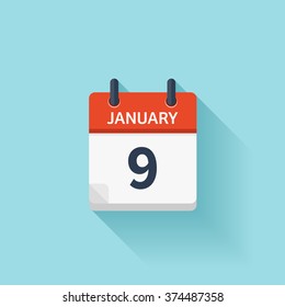 January 9. Calendar icon.Vector illustration,flat style.Date,day of month:Sunday,Monday,Tuesday,Wednesday,Thursday,Friday,Saturday.Weekend,red letter day.Calendar for 2017 year.Holidays in January.