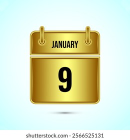 January 9 calendar and time planner on gold background. Daily calendar icon, schedule symbol