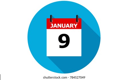 january 9 calendar vector flat icon with long shadow