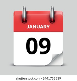 January 9 daily realistic red calendar icon date vector image