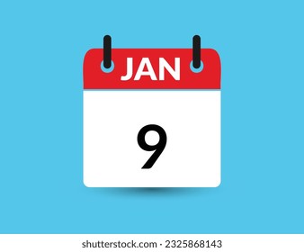 9 de enero. Calendario de icono plano aislado en fondo azul. Ilustración vectorial de fecha y mes