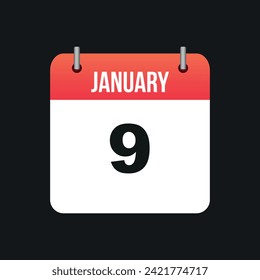January 9, Red and White Color Calendar Page with Black Outline