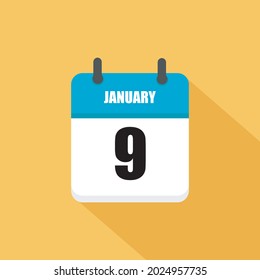 January 9. Square Calendar icon.Vector illustration,flat style. Yellow background.