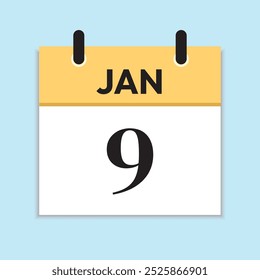 January 9th. Serif Font. Jan 9. Daily Calendar in Flat Design. Time Concept. Date Icon. Yellow Illustration with Soft Blue Background.