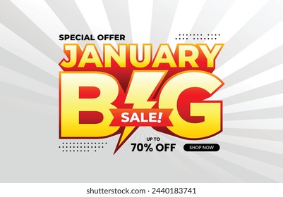 January Big Sale text with extrude effect and lightning icon. For banner, poster, header, logo, template, social media, website. Vector Illustration