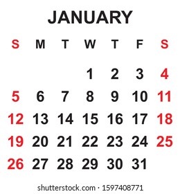 January business calendar page. black and white design weekend red. 2020 year.