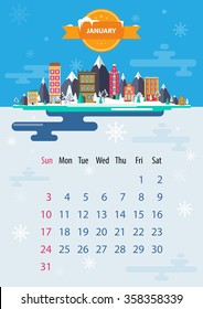 January. Calendar for 2016 in A4 format. Style flat design. Set 5. Landscape of a small town on the background of nature: mountains, buildings, trees, sky, clouds, water. Illustration. Image. Vector.